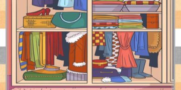 Desafio lógico com uma ilustração colorida de um armário organizado com roupas, sapatos e acessórios