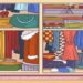 Desafio lógico com uma ilustração colorida de um armário organizado com roupas, sapatos e acessórios