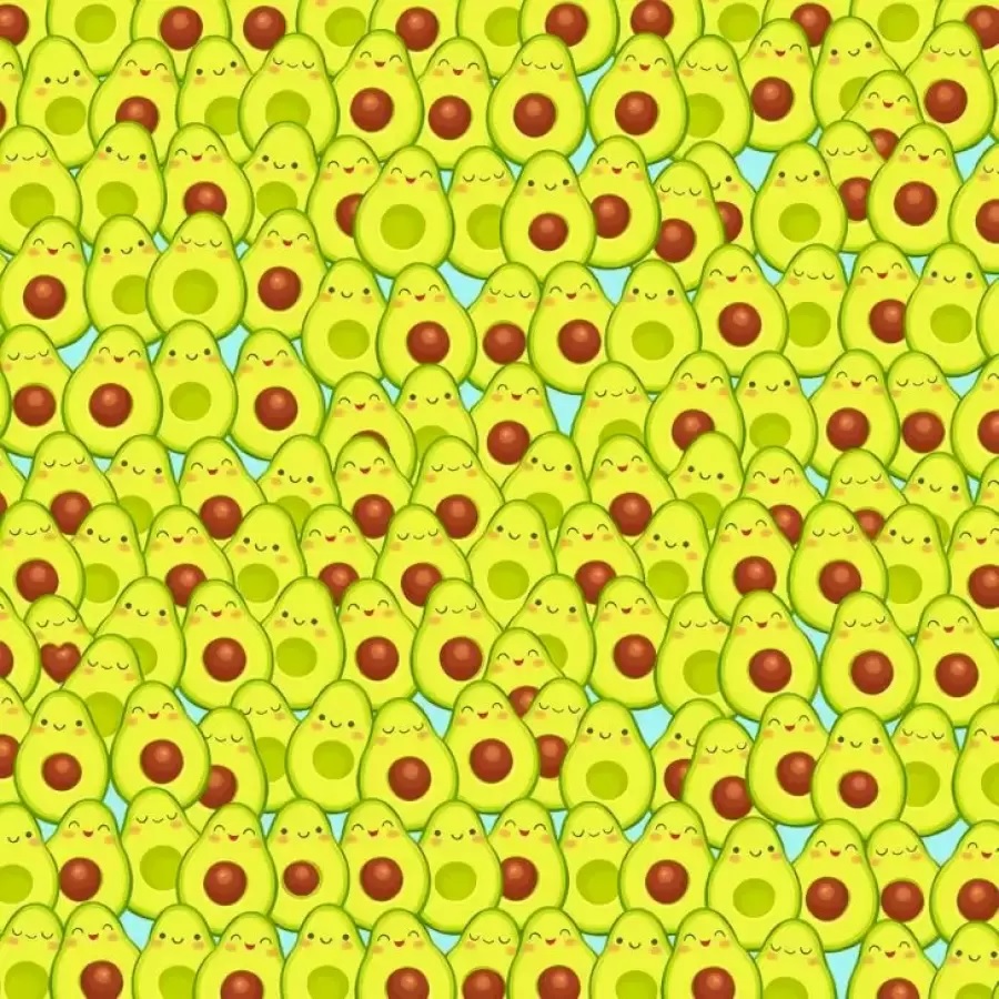 Imagem ilustrativa de vários abacates desenhados, sendo que um deles tem o caroço em formato de coração