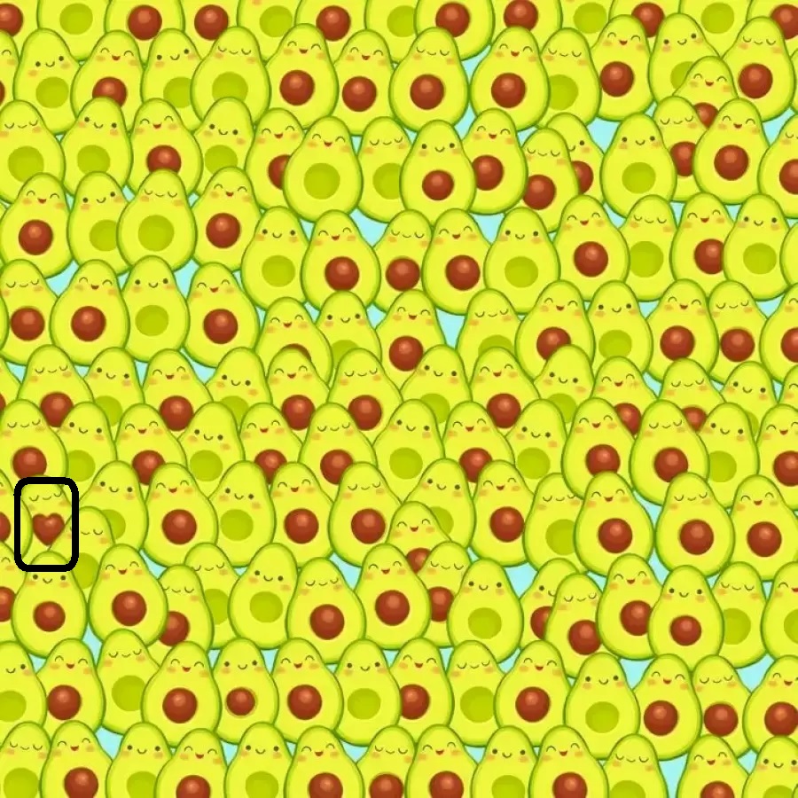 Imagem ilustrativa de vários abacates desenhados, sendo que um deles tem o caroço em formato de coração
