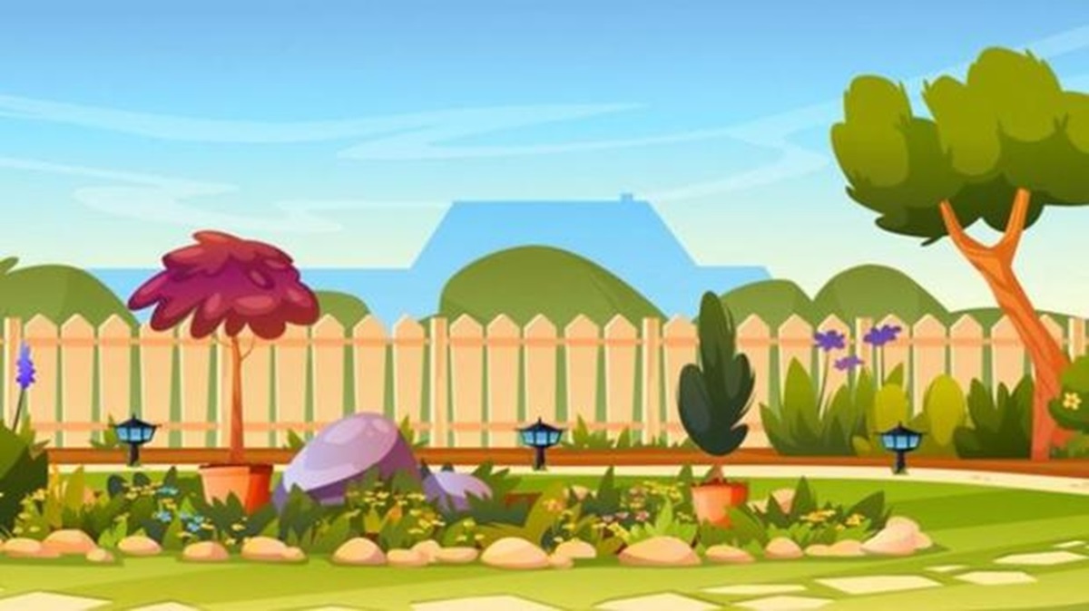 Desafio lógico com uma imagem de um jardim colorido com árvores, flores e cercado, contendo um gato escondido para desafio visual.