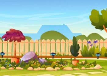 Desafio lógico com uma imagem de um jardim colorido com árvores, flores e cercado, contendo um gato escondido para desafio visual.