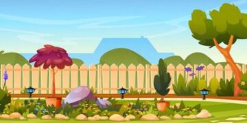 Desafio lógico com uma imagem de um jardim colorido com árvores, flores e cercado, contendo um gato escondido para desafio visual.