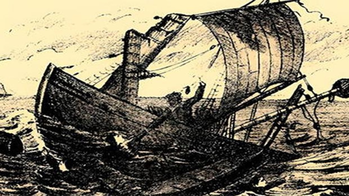 Desafio lógico com uma ilustração de um barco à deriva em meio ao mar, com o rosto de um capitão camuflado entre as velas e o casco como parte de um desafio visual.