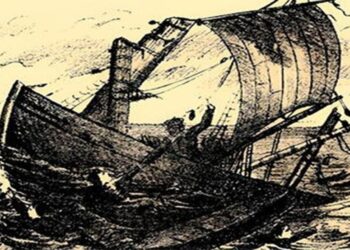 Desafio lógico com uma ilustração de um barco à deriva em meio ao mar, com o rosto de um capitão camuflado entre as velas e o casco como parte de um desafio visual.