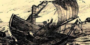 Desafio lógico com uma ilustração de um barco à deriva em meio ao mar, com o rosto de um capitão camuflado entre as velas e o casco como parte de um desafio visual.