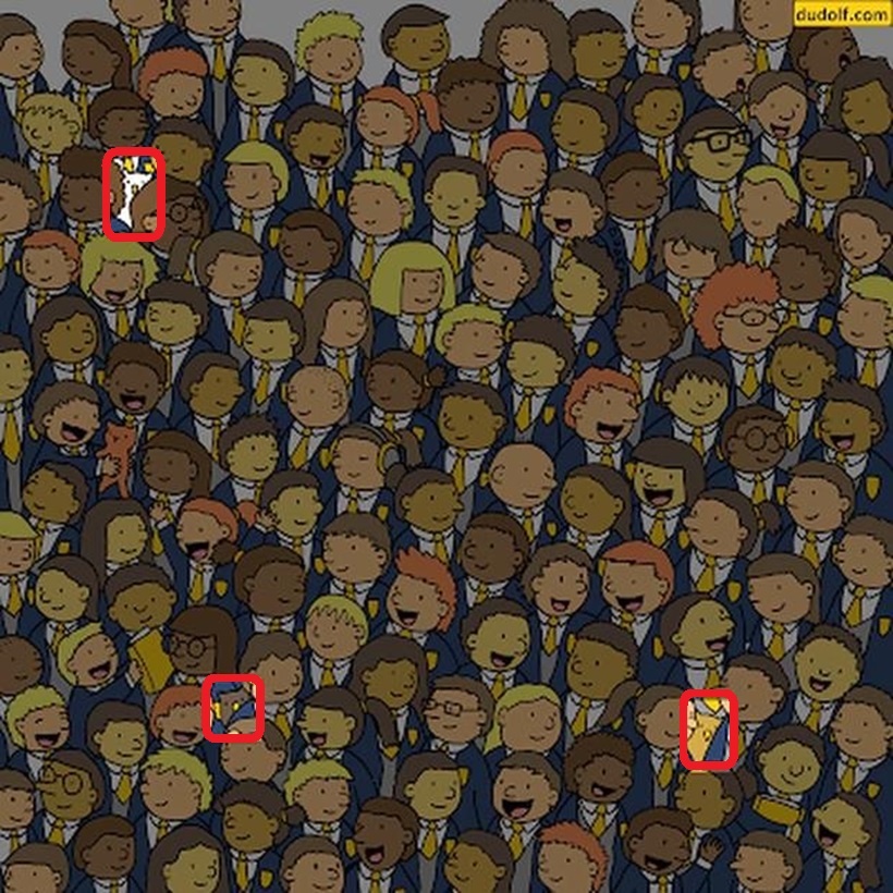 Desenho visual com várias crianças com uniforme escolar em um desafio de observação com corujas escondidas