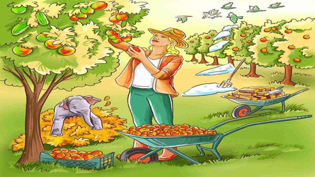 Teste de QI com uma cena de colheita com elementos inusitados e erros escondidos