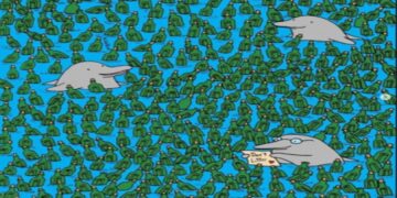 Teste de QI com desenho de golfinhos em meio a centenas de garrafas verdes boiando no mar.