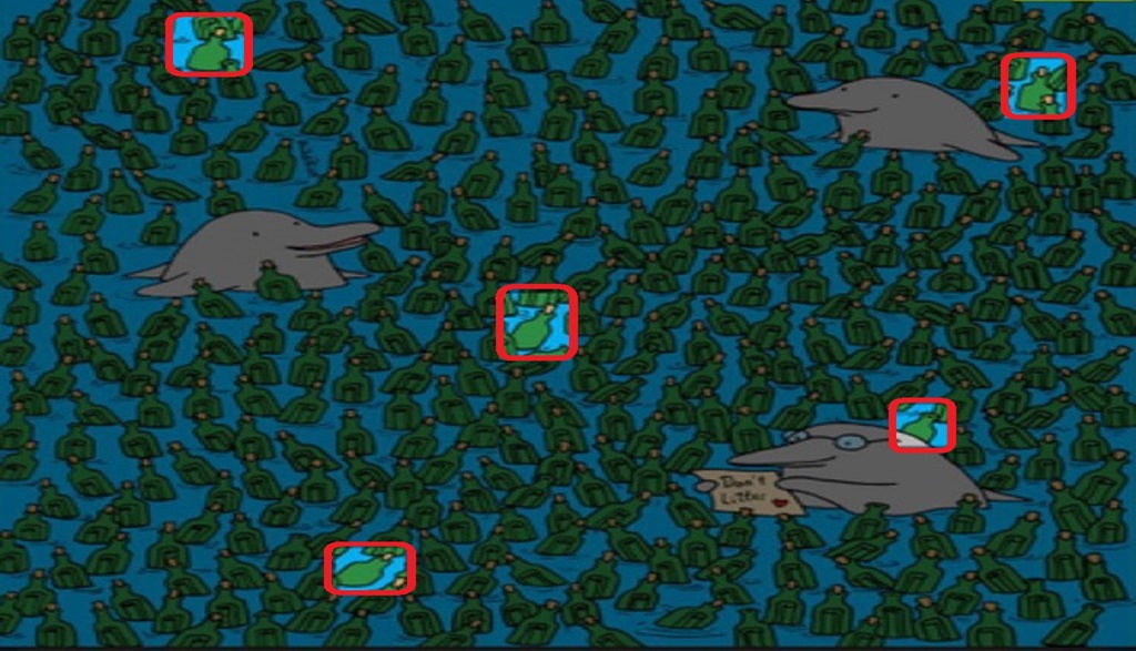 Solução do teste de QI com desenho de golfinhos em meio a centenas de garrafas verdes boiando no mar.