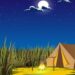 Teste de QI com um ilustração de um acampamento com barraca e fogueira acesa durante uma noite estrelada.