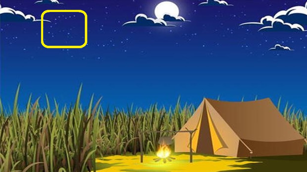 Solução do teste de QI com um ilustração de um acampamento com barraca e fogueira acesa durante uma noite estrelada.