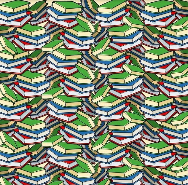 Teste de QI com vários livros empilhados e um lápis camuflado entre eles, em desafio de ilusão de ótica.