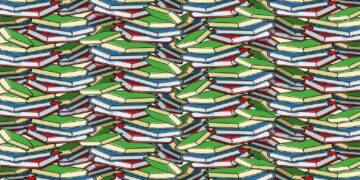 Teste de QI com vários livros empilhados e um lápis camuflado entre eles, em desafio de ilusão de ótica.