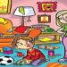 Teste de QI com uma sala bagunçada com brinquedos no chão, menino ajoelhado brincando e mulher loira parecendo irritada.