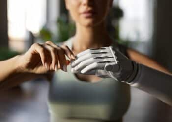 Mulher interagindo com uma prótese de mão, simbolizando o impacto da IA nas profissões da saúde e tecnologia assistiva.