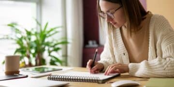 Estudante fazendo revisão em caderno, se preparando para o Encceja 2025.