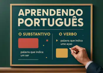 Imagem ilustrativa explicando a diferença entre substantivo e verbo na língua portuguesa.