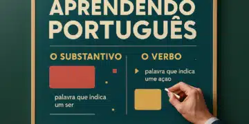 Imagem ilustrativa explicando a diferença entre substantivo e verbo na língua portuguesa.