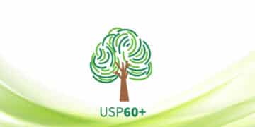 Logo do programa USP 60+ representado por uma árvore com linhas verdes, simbolizando a conexão com a natureza e o aprendizado.