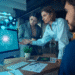 Profissionais analisando dados em tela com inteligência artificial no ambiente de trabalho.
