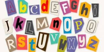 Alfabeto com letras coloridas recortadas e estilizadas sobre fundo claro