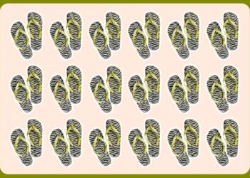 Desafio lógico com chinelos de dedo listrados em preto e amarelo, dispostos em uma grade. O objetivo é identificar o chinelo diferente entre os outros.