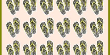Desafio lógico com chinelos de dedo listrados em preto e amarelo, dispostos em uma grade. O objetivo é identificar o chinelo diferente entre os outros.