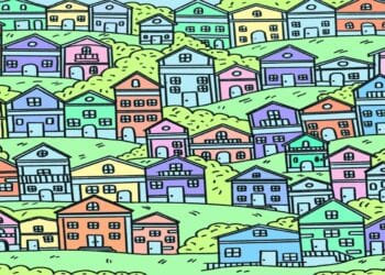 Desafio lógico com casas coloridas em colinas com árvores ao fundo, em desafio visual
