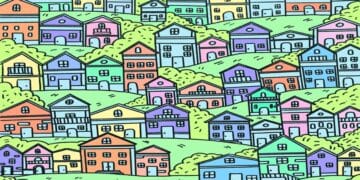 Desafio lógico com casas coloridas em colinas com árvores ao fundo, em desafio visual