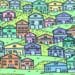 Desafio lógico com casas coloridas em colinas com árvores ao fundo, em desafio visual