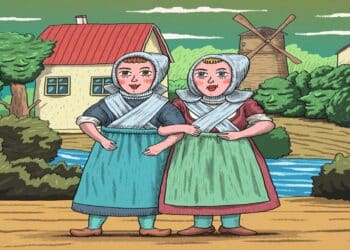 Desafio lógico com duas mulheres camponesas em trajes típicos e rostos ocultos no cenário ao fundo