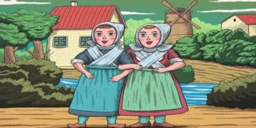 Desafio lógico com duas mulheres camponesas em trajes típicos e rostos ocultos no cenário ao fundo