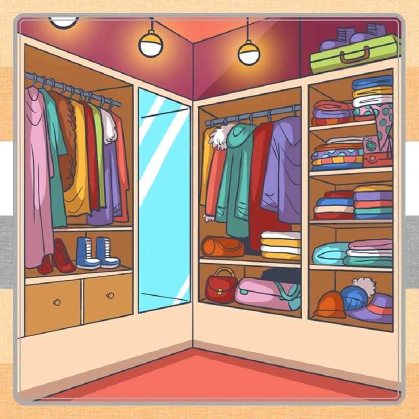Desafio visual de um closet bem iluminado, com roupas organizadas, prateleiras de roupas dobradas, sapatos e bolsas, e um espelho ao centro.
