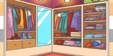 Desafio visual de um closet bem iluminado, com roupas organizadas, prateleiras de roupas dobradas, sapatos e bolsas, e um espelho ao centro.