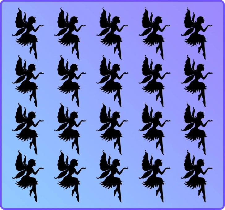 Desafio visual matriz com várias fadas pretas silhuetadas sobre fundo roxo-azulado, com uma fada diferente escondida.