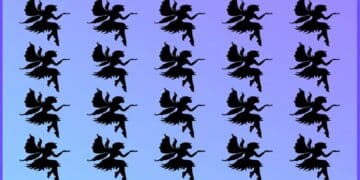 Desafio visual matriz com várias fadas pretas silhuetadas sobre fundo roxo-azulado, com uma fada diferente escondida.