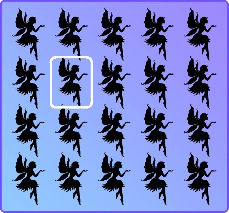 Desafio visual matriz com várias fadas pretas silhuetadas sobre fundo roxo-azulado, com uma fada diferente escondida.
