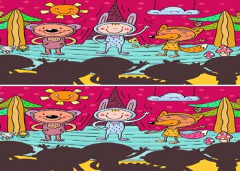 Desafio visual com uma ilustração de um palco de teatro com três personagens animados vestidos de animais (urso, coelho e raposa) e crianças assistindo na plateia.