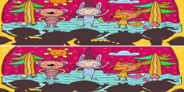 Desafio visual com uma ilustração de um palco de teatro com três personagens animados vestidos de animais (urso, coelho e raposa) e crianças assistindo na plateia.