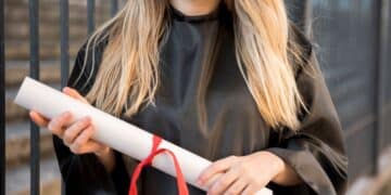 Mulher sorrindo com beca de formatura segurando diploma enrolado com fita vermelha