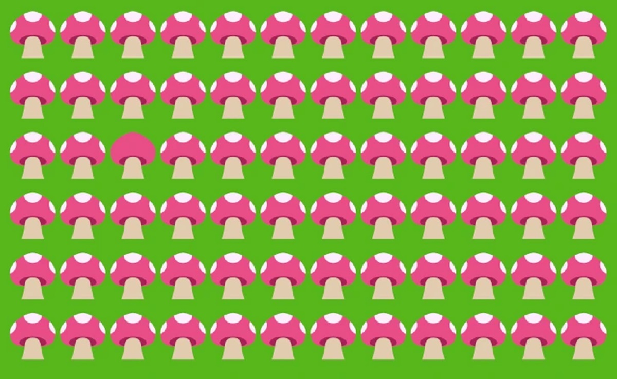 Imagem de um padrão com cogumelos rosa no fundo verde, com um cogumelo diferente entre os outros.