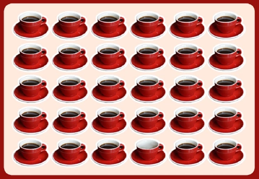 Teste visual com uma série de xícaras vermelhas de café, com uma xícara faltando entre elas.
