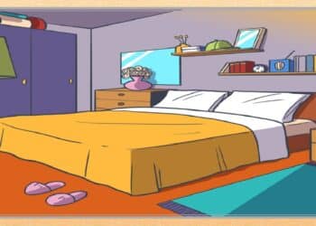 Teste visual em um quarto moderno e organizado com cama de casal e decoração aconchegante