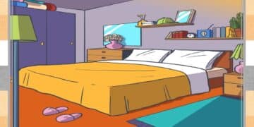 Teste visual em um quarto moderno e organizado com cama de casal e decoração aconchegante