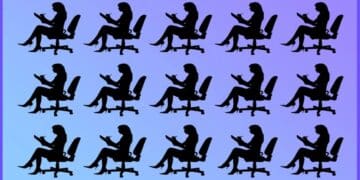 Teste visual com silhuetas idênticas de mulher sentada em cadeira de escritório, com uma figura diferente escondida