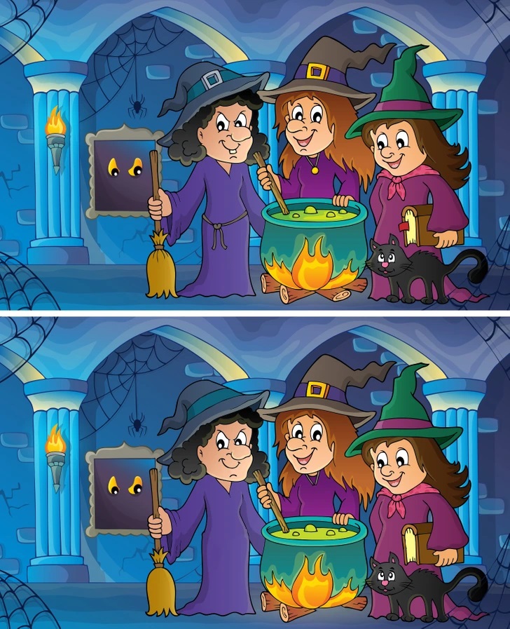 Teste visual com três bruxas sorridentes ao redor de um caldeirão mágico com um gato preto, em duas imagens parecidas com pequenas diferenças visuais.