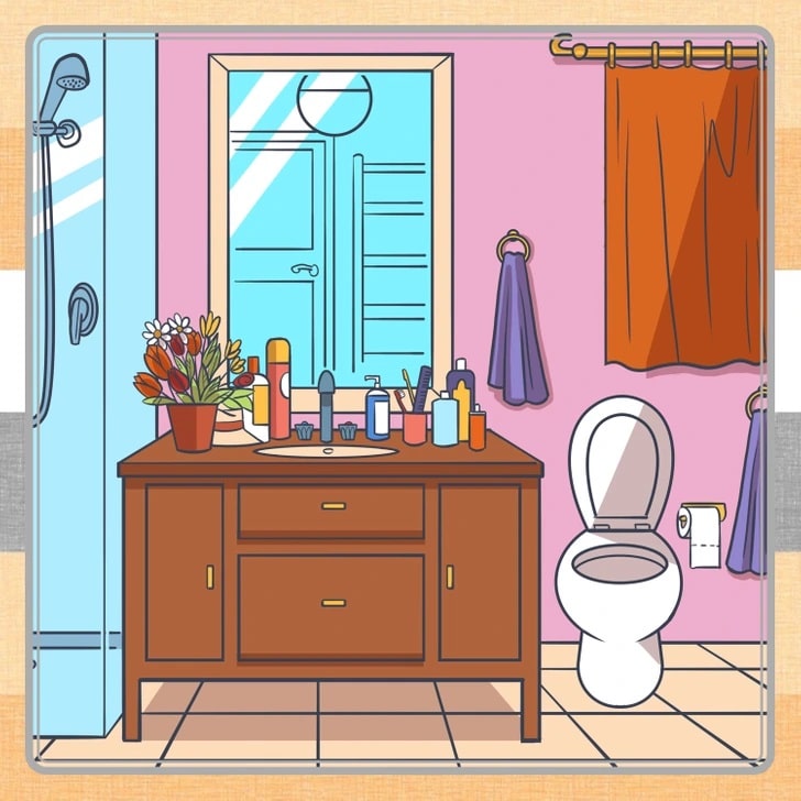 Teste visual de banheiro com vaso sanitário, pia com cosméticos, flores, espelho e box de chuveiro ilustração colorida.
