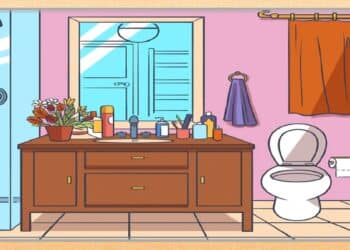 Teste visual de banheiro com vaso sanitário, pia com cosméticos, flores, espelho e box de chuveiro ilustração colorida.