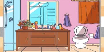Teste visual de banheiro com vaso sanitário, pia com cosméticos, flores, espelho e box de chuveiro ilustração colorida.